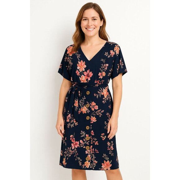 J.Jill Women’s Blue Floral Midi Dress Petite Small Dolman Sleeve Knit Stretch - Picture 1 of 12